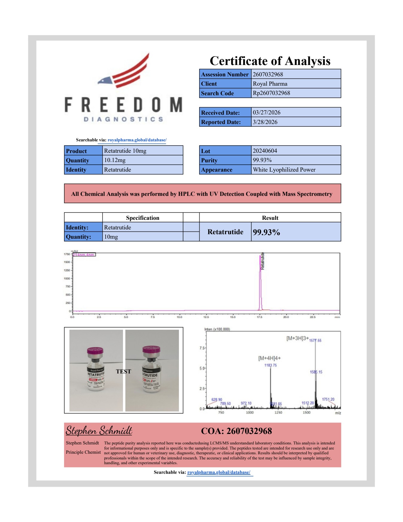 Preview of the Retatrutide 10 mg Certificate of Analysis